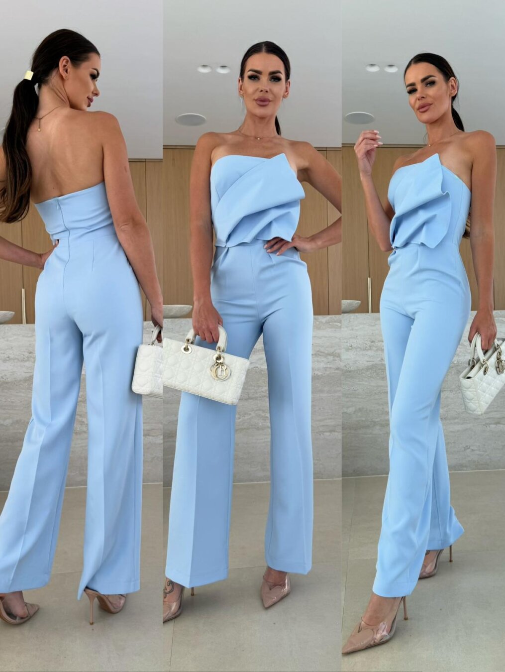 Candy-colored FitiqueFit bodycon halterneck backless jumpsuit with high waist and wide-leg design, perfect for casualwear.