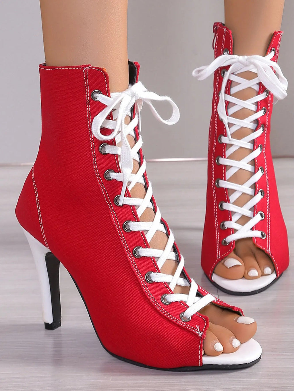 Canvas lace-up peep toe stiletto ankle boots with cutout design, stylish high heel from Trendsi.