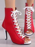 Canvas lace-up peep toe stiletto ankle boots with cutout design, stylish high heel from Trendsi.