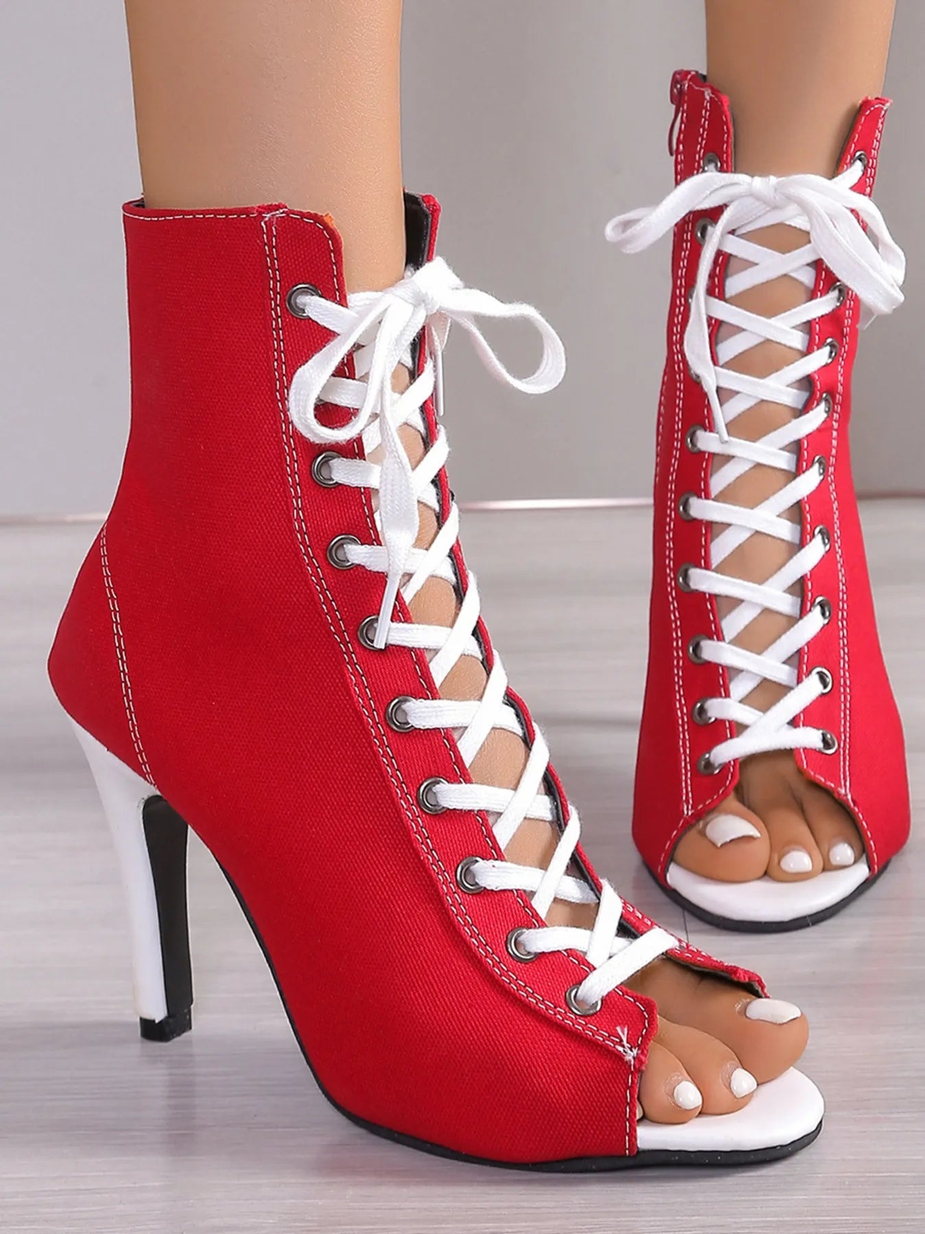 Canvas lace-up peep toe stiletto ankle boots with cutout design, stylish high heel from Trendsi.