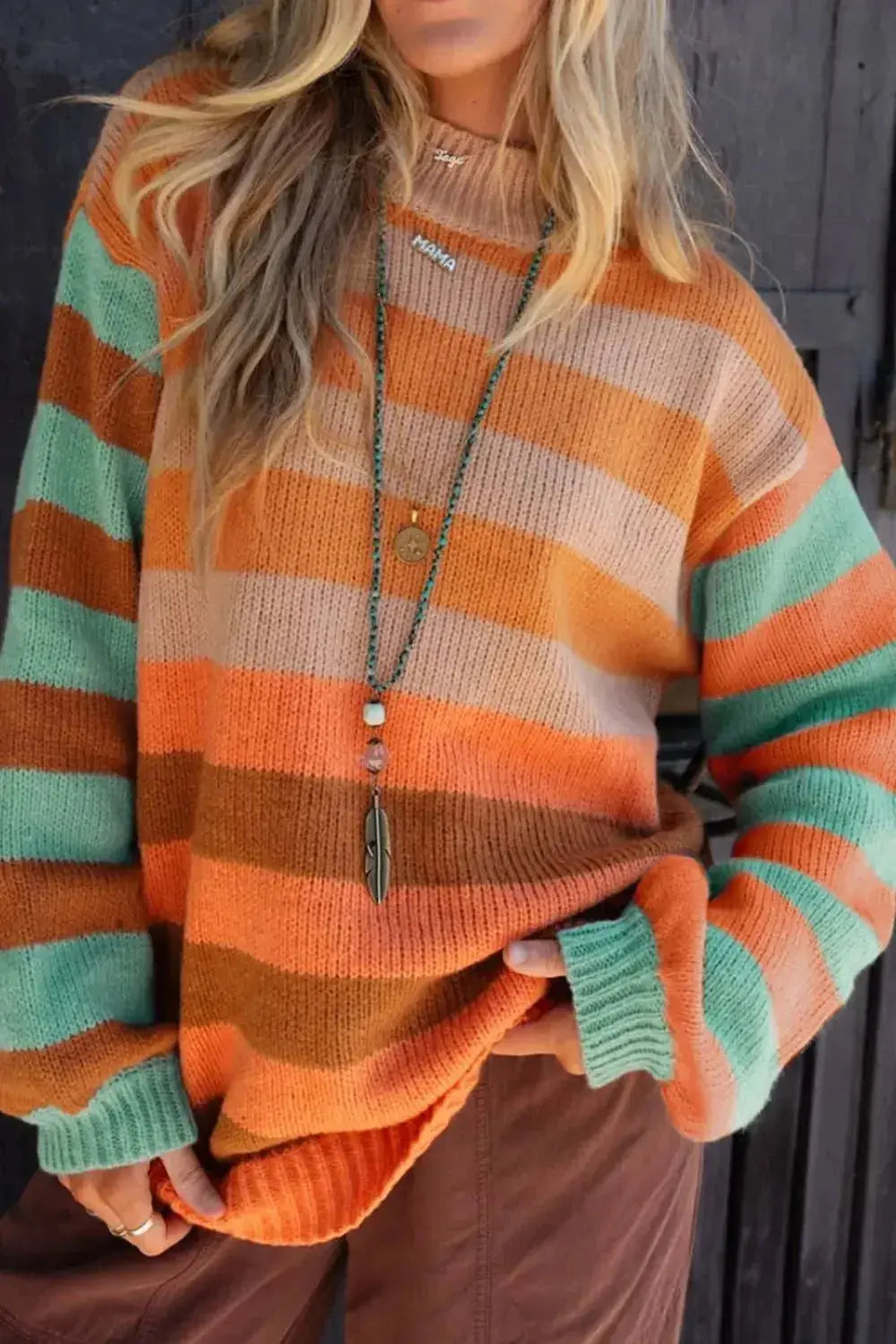 Women Rainbow Striped Long Sleeve Knit Sweater Soft Crewneck Pullover