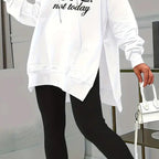 FitiqueFit casual 2-piece set with solid color leggings and letter print hooded sweatshirt, stylish and comfortable lounge wear.