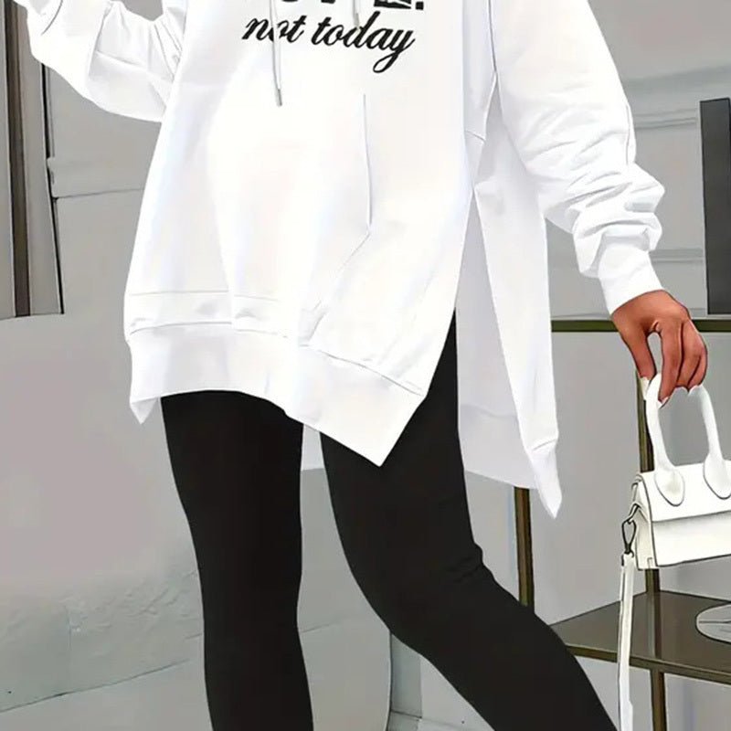 FitiqueFit casual 2-piece set with solid color leggings and letter print hooded sweatshirt, stylish and comfortable lounge wear.