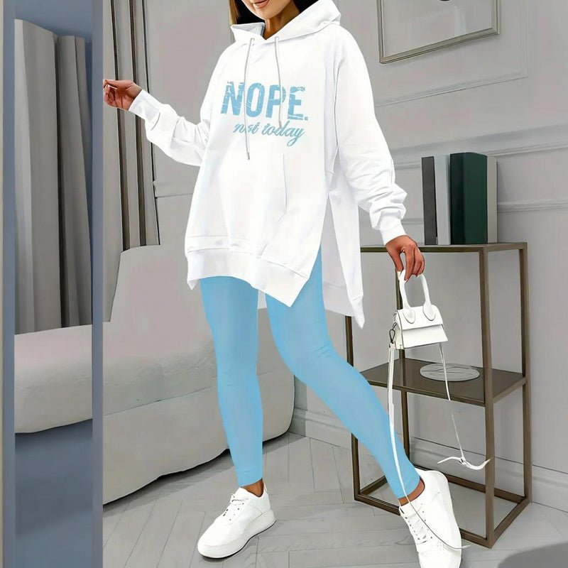 FitiqueFit casual 2-piece set with solid color leggings and letter print hooded sweatshirt, comfortable and stylish for everyday wear.