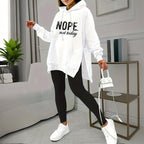 FitiqueFit casual 2-piece set with solid color leggings and letter print hooded sweatshirt, perfect for relaxed everyday wear.