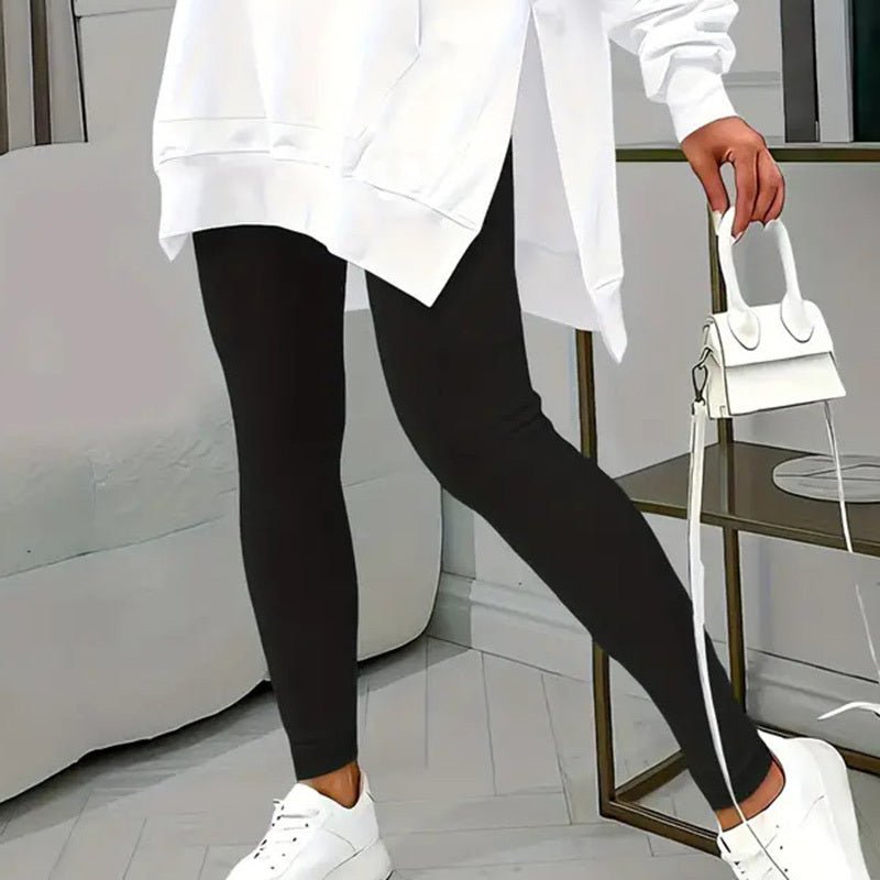 FitiqueFit casual 2-piece set with solid color leggings and letter print hooded sweatshirt, perfect for relaxed everyday wear.