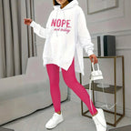 FitiqueFit casual 2-piece set with solid color leggings and letter print hooded sweatshirt, comfortable and stylish activewear outfit.