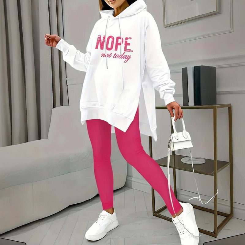 FitiqueFit casual 2-piece set with solid color leggings and letter print hooded sweatshirt, comfortable and stylish activewear outfit.