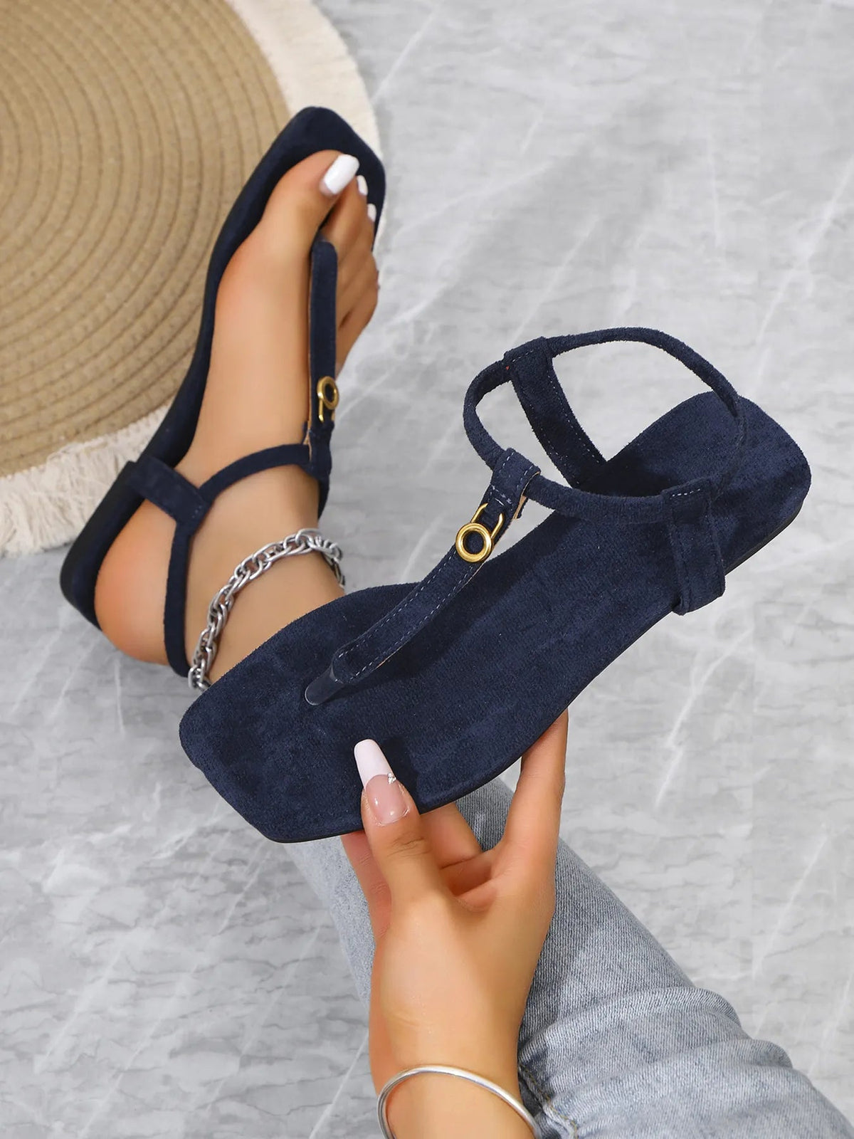 Women’s casual ankle strap flat sandals with toe post, comfortable summer shoes by Plush Fashion Hub, shown from side view.