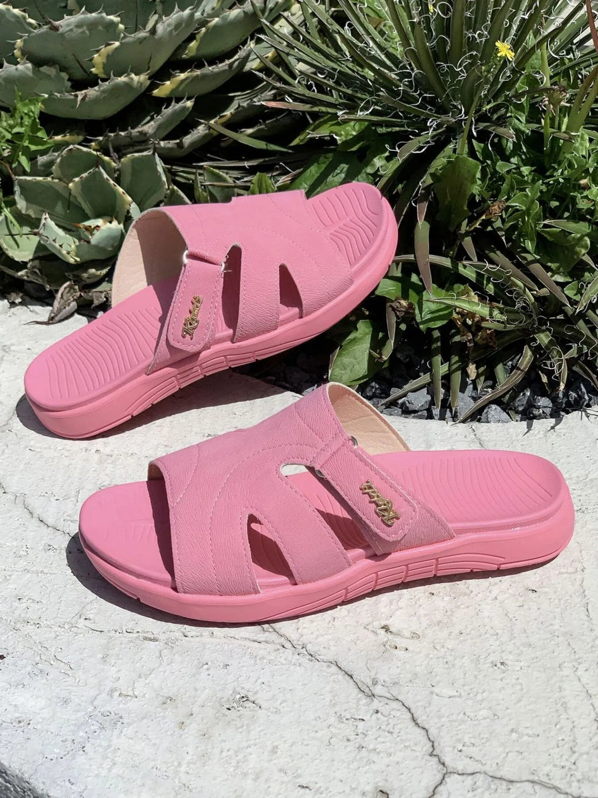 Women’s faux leather casual slide sandals with cut-out design and platform heel by Plush Fashion Hub.