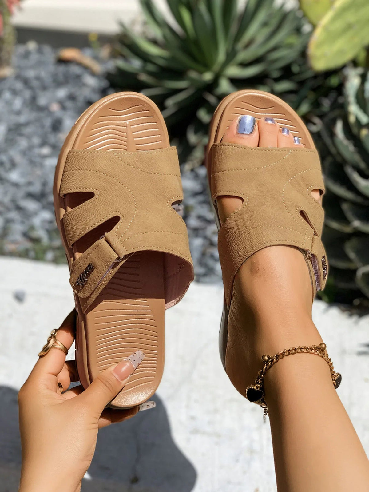 Women’s faux leather casual platform slide sandals with cut-out design by Plush Fashion Hub, perfect for comfortable everyday wear.