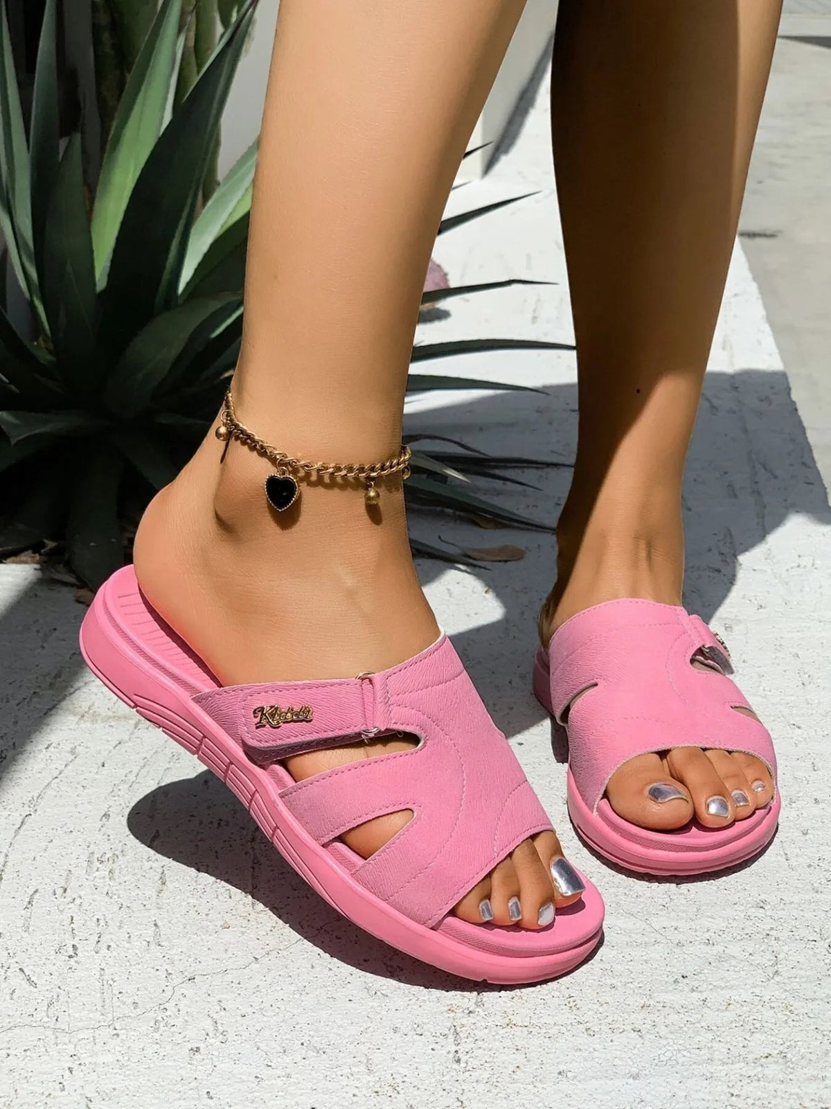 Women’s faux leather casual platform slide sandals with cut-out design and open toes from Plush Fashion Hub.