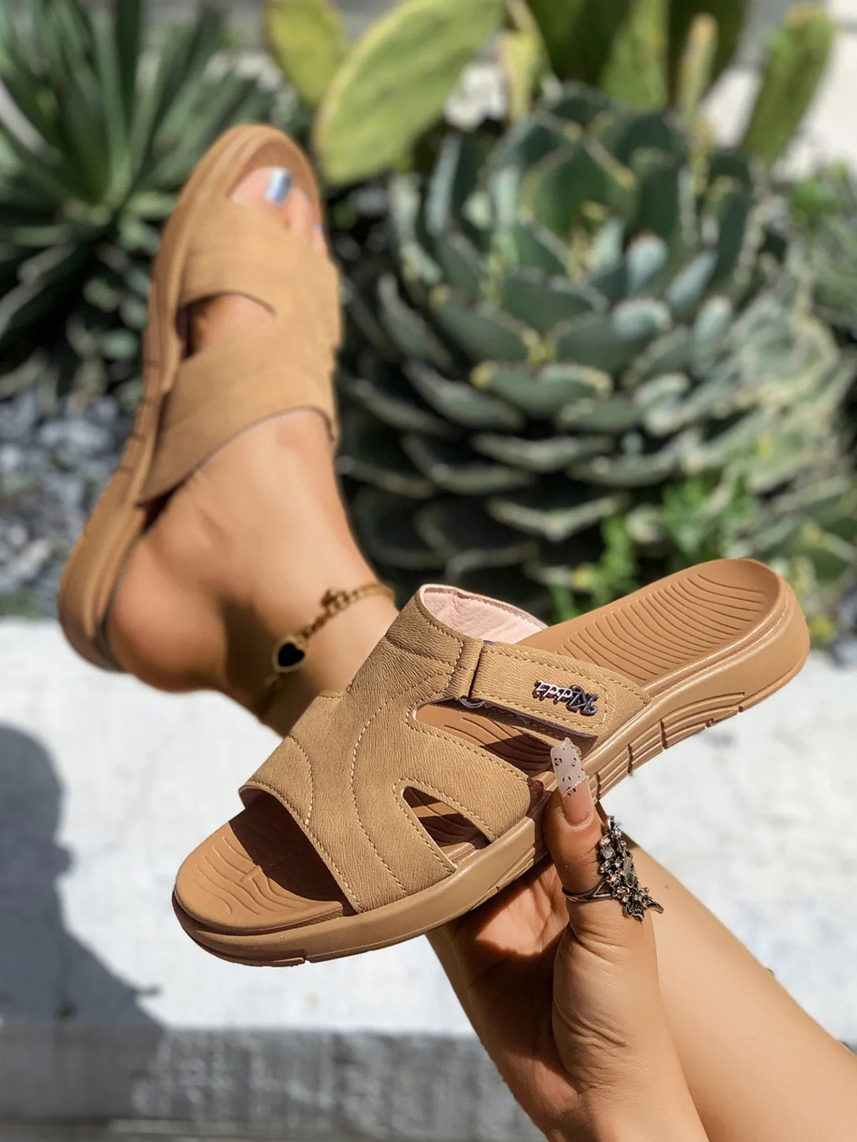 Women’s faux leather casual platform slide sandals with cut-out details by Plush Fashion Hub, featuring a comfortable slip-on design.