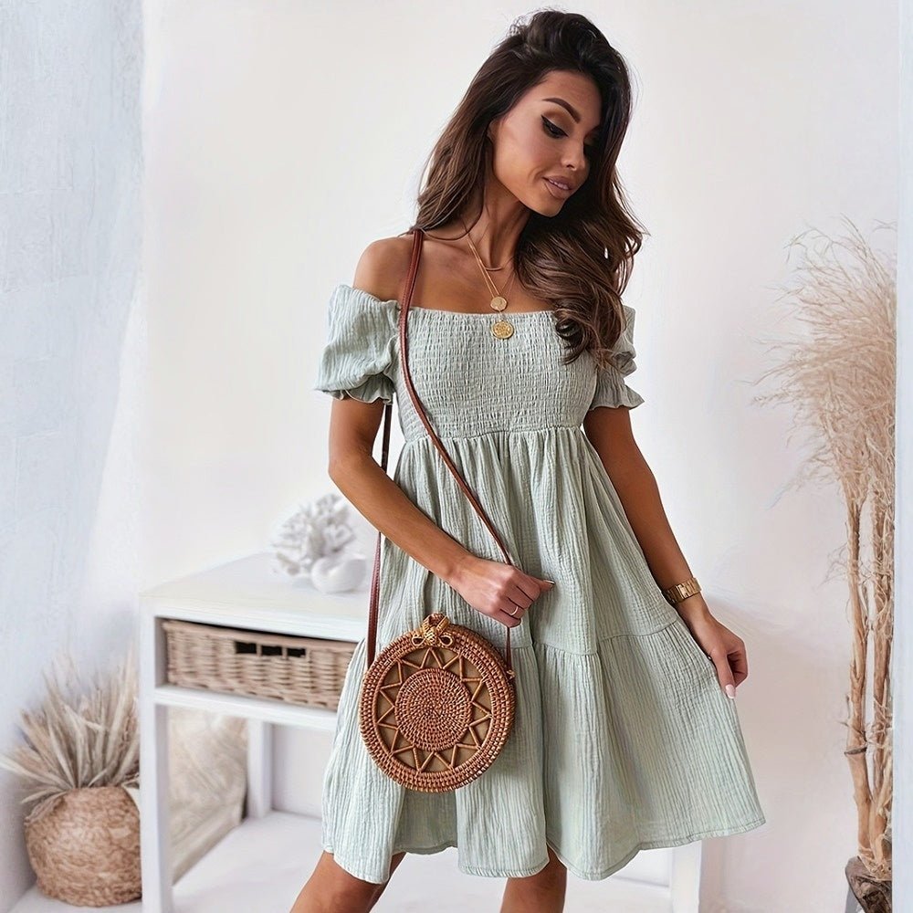 Casual FitiqueFit one-word collar wrinkle puff sleeve mid dress, lightweight and comfortable for everyday wear.