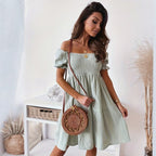 Casual FitiqueFit one-word collar wrinkle puff sleeve mid dress, lightweight and comfortable for everyday wear.