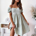 Casual FitiqueFit one-word collar puff sleeve mid dress with wrinkle fabric, perfect for relaxed, stylish daytime wear.