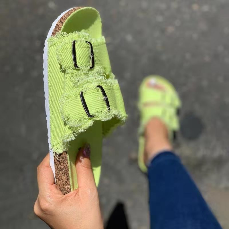 Casual solid canvas denim slippers with buckle strap, flat slip-ons, stylish and comfortable footwear from LadyShow.Store.
