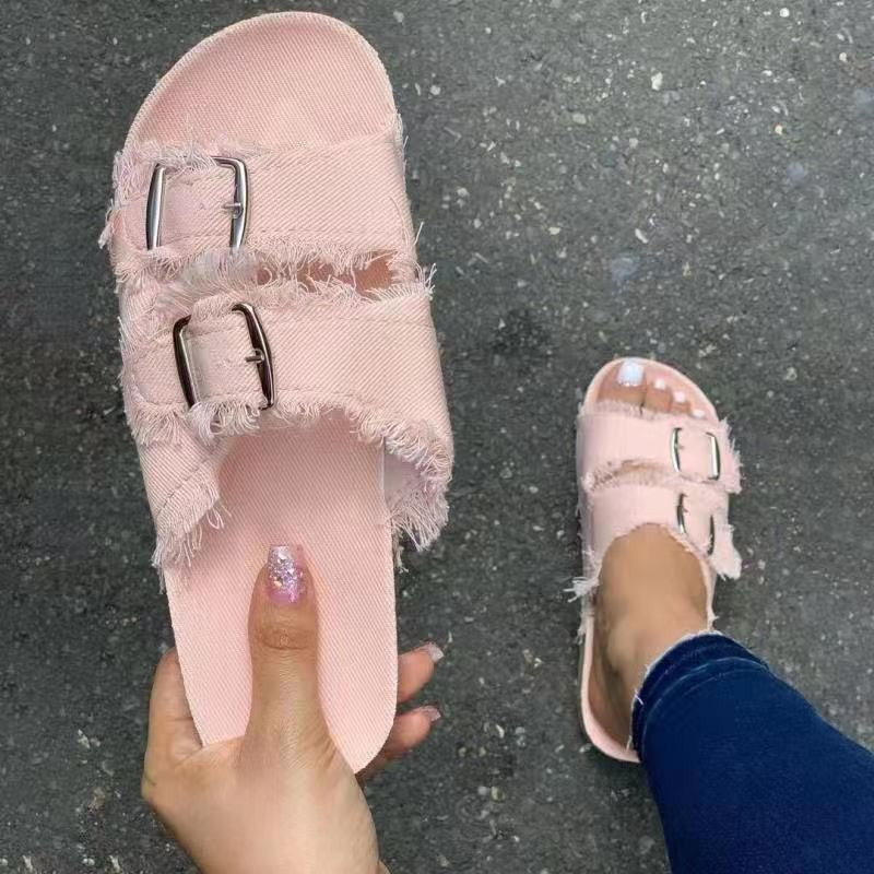 Casual solid canvas denim flat slippers with buckle detail, designed for comfort and everyday wear.