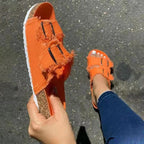 Casual solid canvas denim flat slippers with buckle detail, stylish and comfortable footwear by LadyShow.Store.