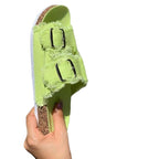 Casual solid canvas denim flat slippers with buckle detail, designed for comfort and everyday wear by LadyShow.Store.
