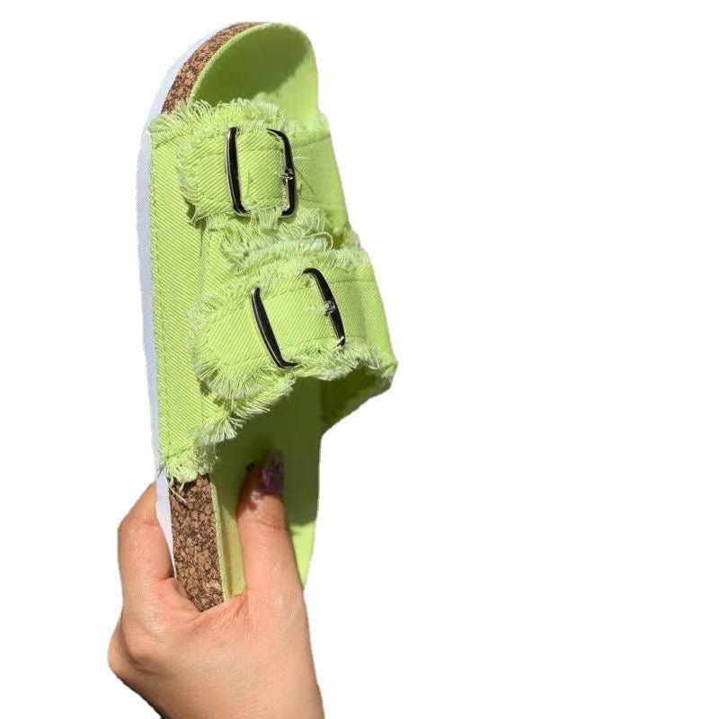 Casual solid canvas denim flat slippers with buckle detail, designed for comfort and everyday wear by LadyShow.Store.