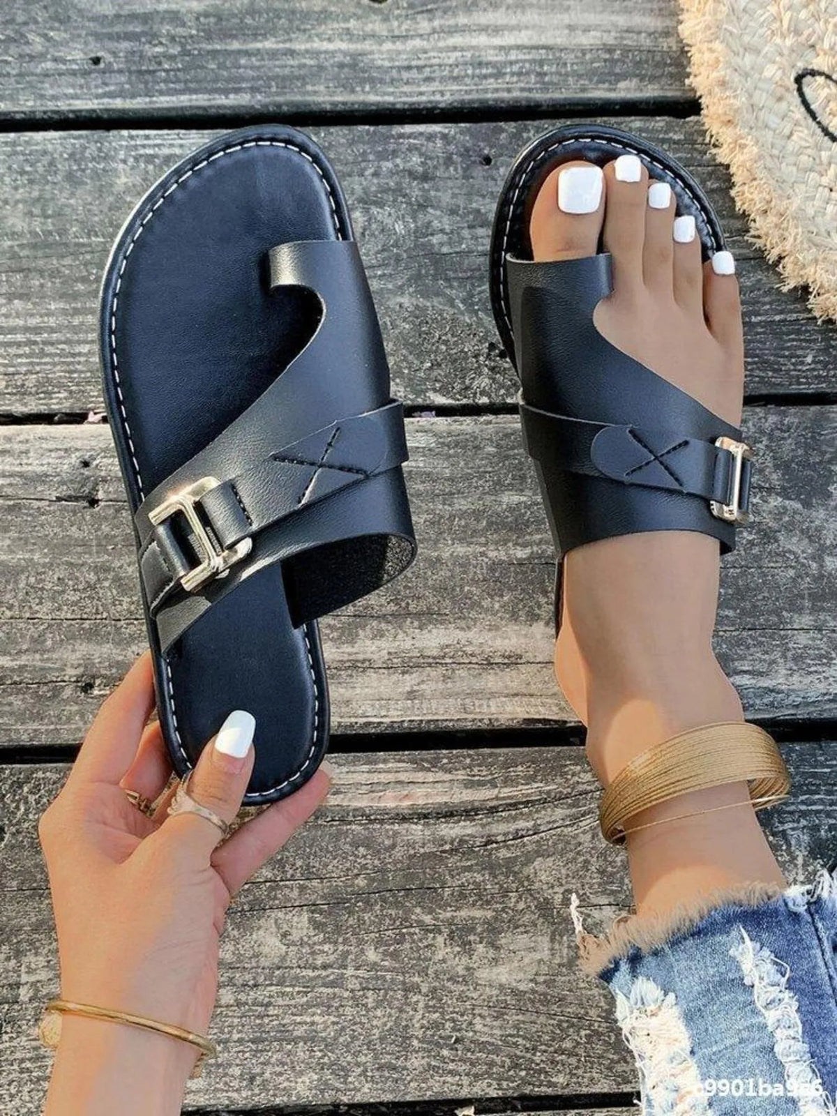 Women's casual PU leather flat sandals with buckle and toe ring detail, by Plush Fashion Hub.
