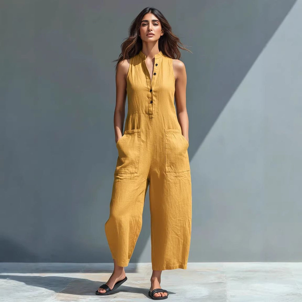 Casual women's sleeveless jumpsuit with buttoned stand collar and loose fit, by FitiqueFit, perfect for relaxed, stylish wear