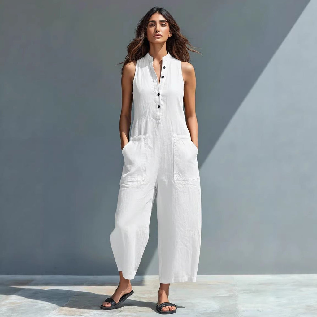 Casual women's sleeveless jumpsuit with buttoned stand collar and loose fit, made by FitiqueFit, perfect for relaxed summer wear.