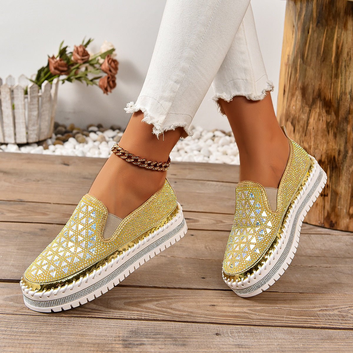 Casual women's sneakers by FitiqueFit featuring a thick sole and flat design, suitable for all seasons, shown in a side view.
