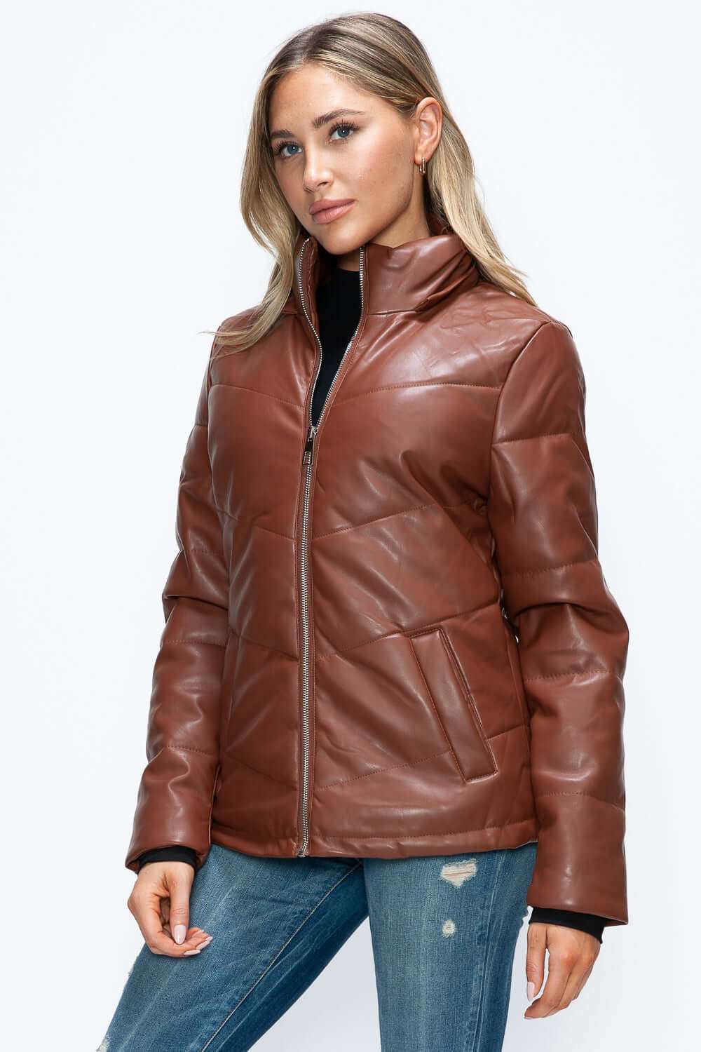 Pocketed Zip Up Puffer Jacket with Removable Hood in brown pleather.