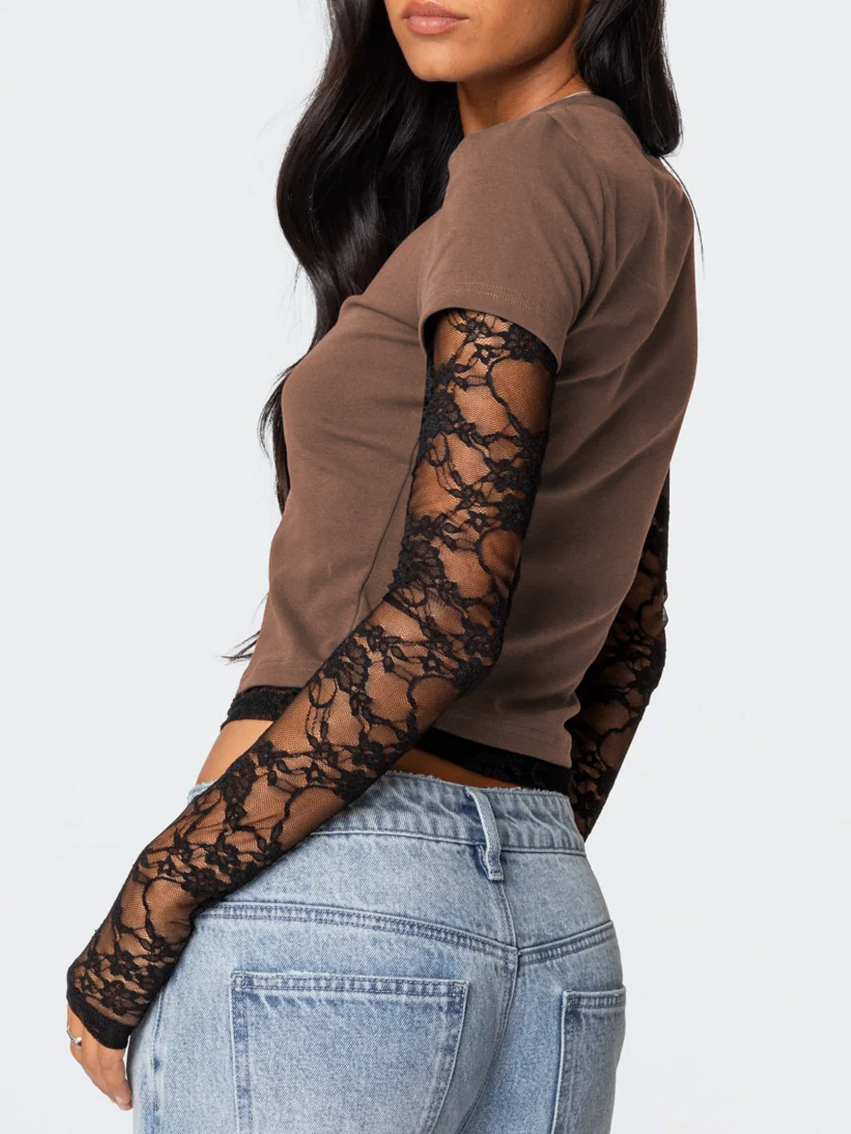 Women's fitted casual T-shirt with lace sleeves by Plush Fashion Hub, showcasing a stylish and comfortable design.