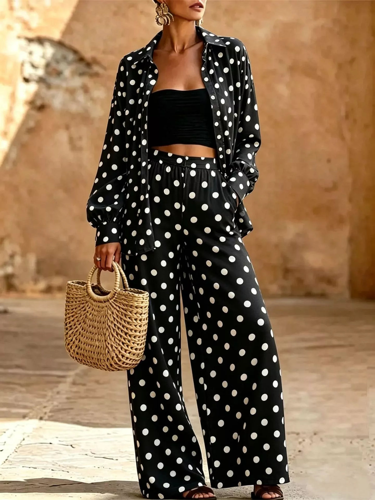Plus size polka dot shirt and wide-leg pants set by Trendsi, featuring a stylish coordinated outfit with a polka dot top and flowing pants.