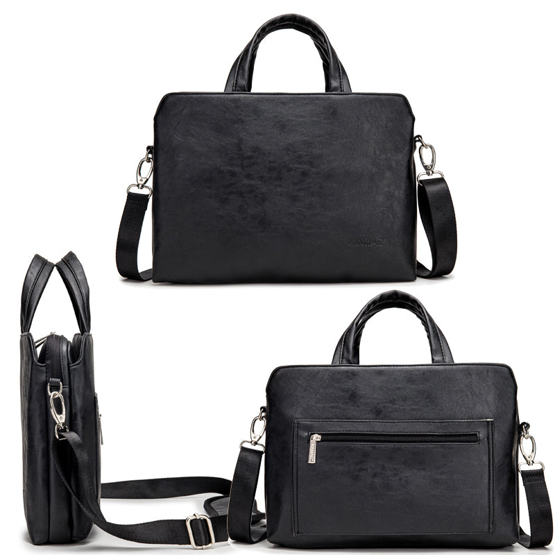 Pi-Mart handheld leather briefcase with one shoulder strap and business notebook compartment, stylish and professional for work.