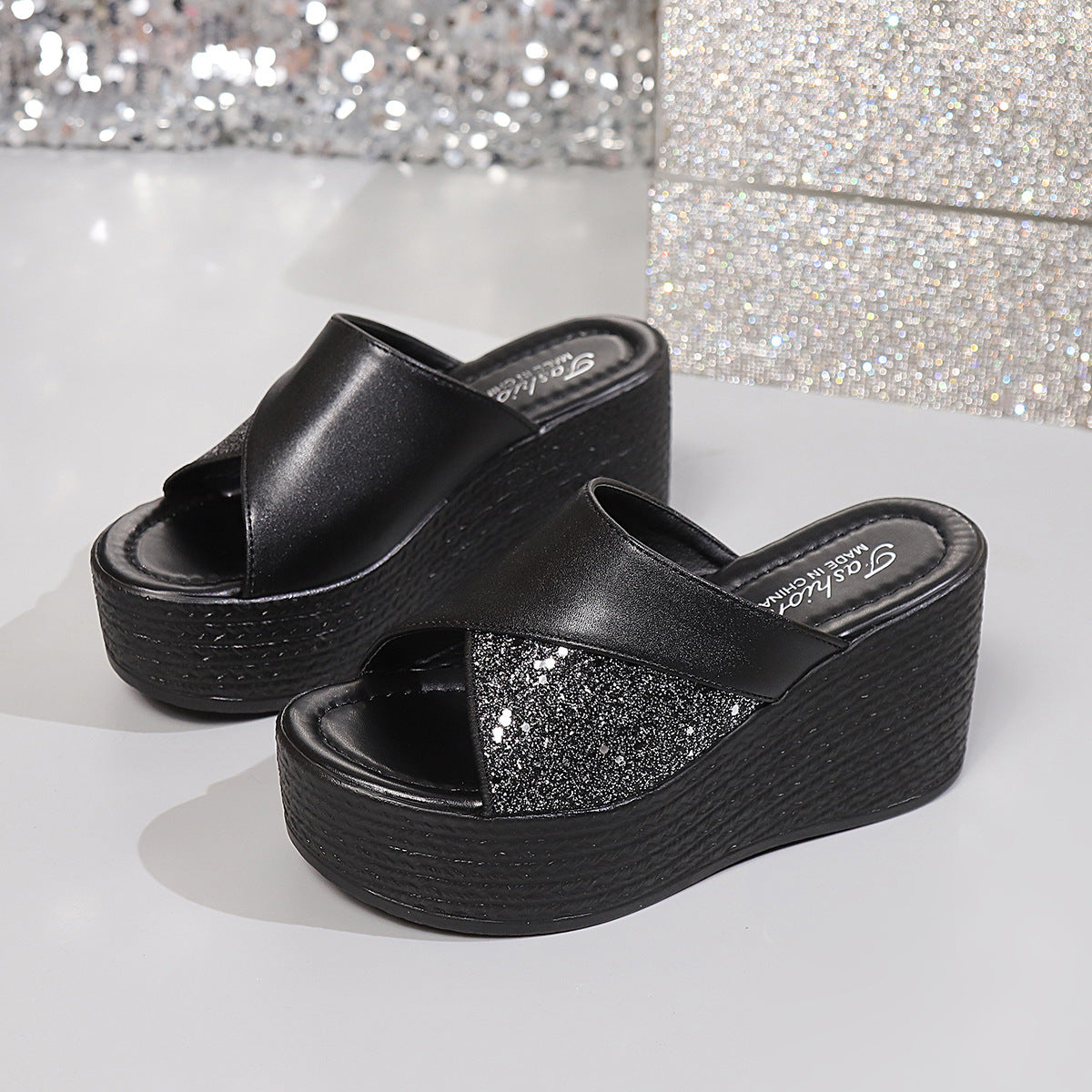 Women's open toe platform wedge sandals in faux leather with high heels, stylish and comfortable by Plush Fashion Hub.