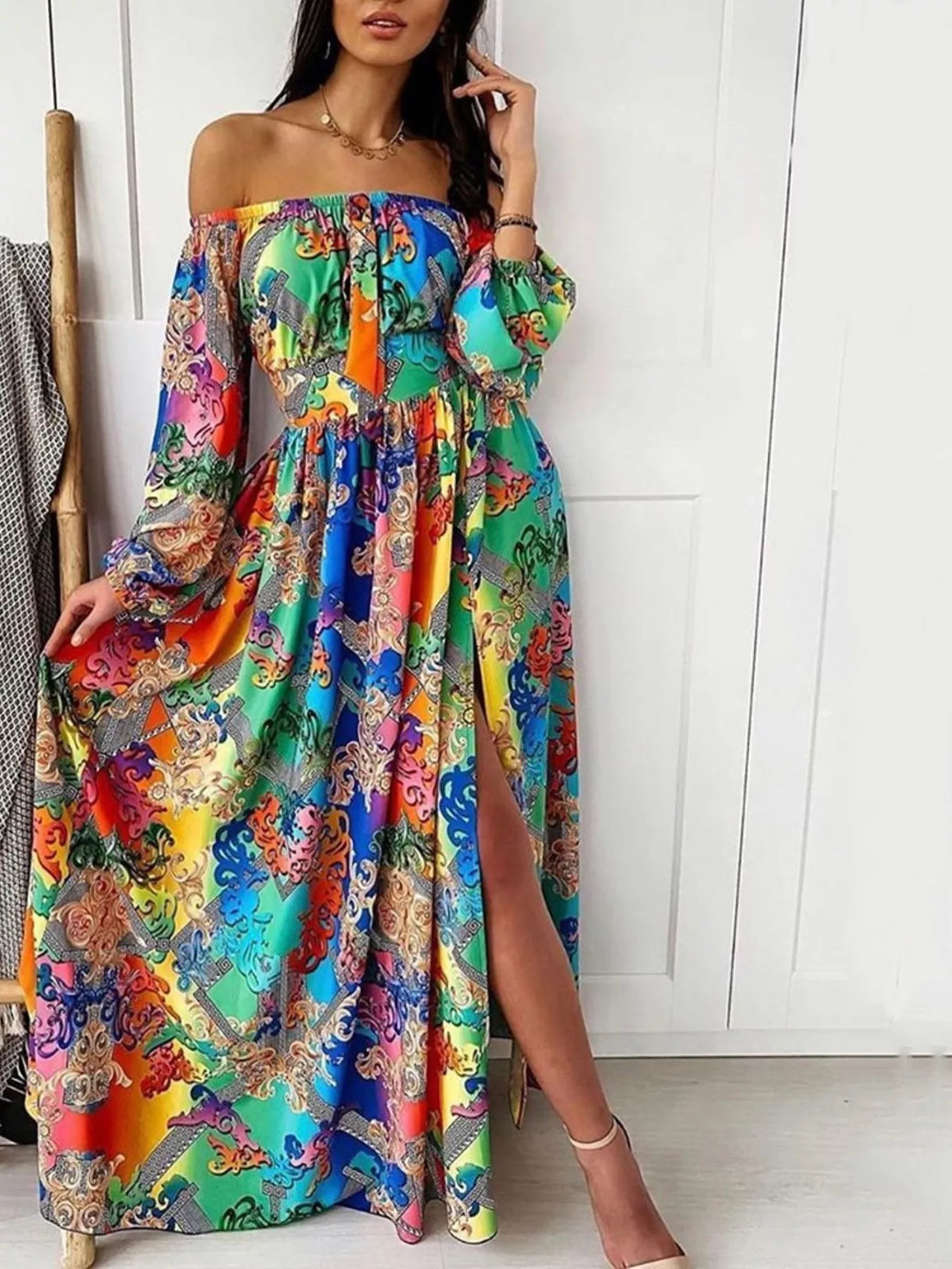 Plush Fashion Hub off-shoulder printed maxi dress with side slit, flowing fabric, perfect for elegant summer or casual wear.