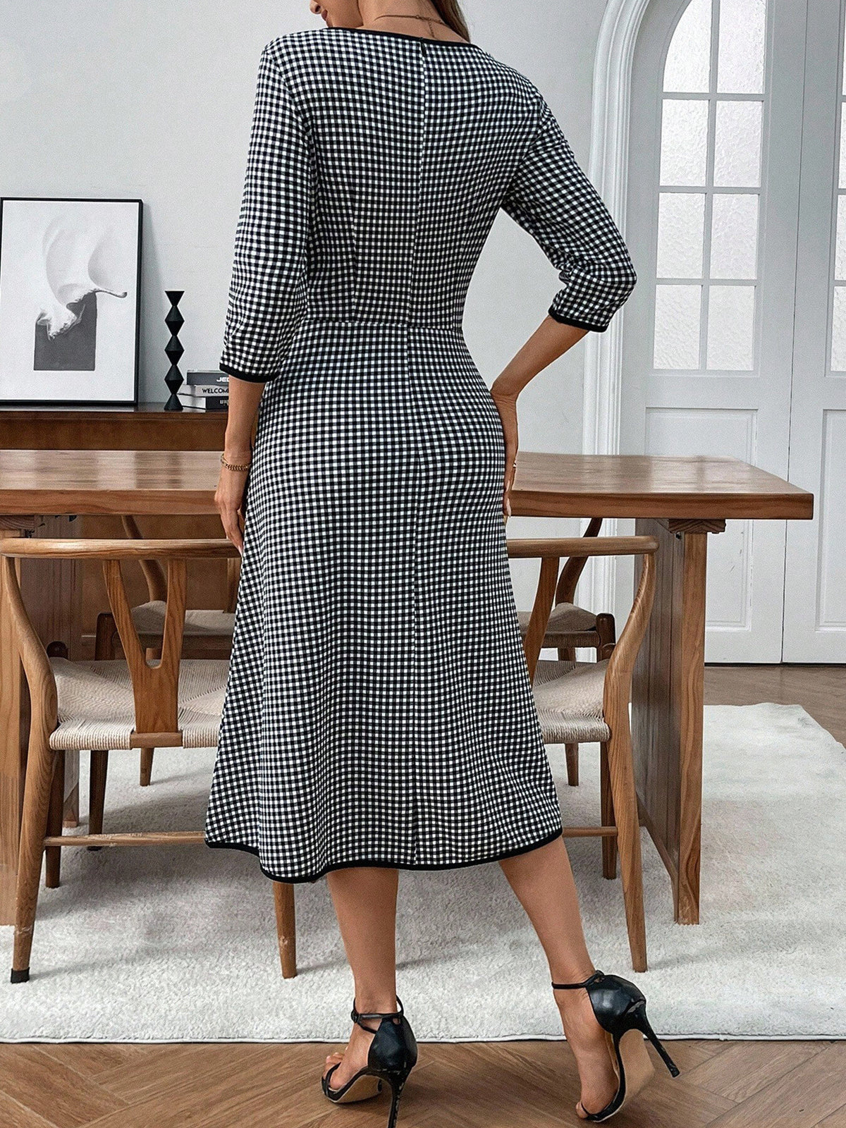 Plush Fashion Hub classic plaid round neck midi dress with 3/4 sleeves, featuring a stylish and comfortable design.