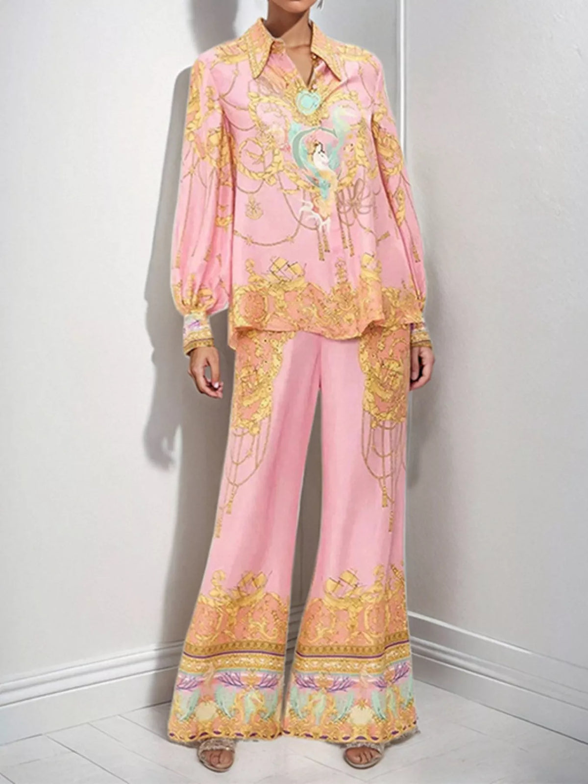 Women’s printed lantern sleeve top and pants lounge set by Plush Fashion Hub, featuring a comfortable and stylish matching clothing ensemble.