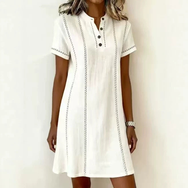 Women's printed button-up midi dress with stand collar, 3/4 sleeves, loose fit by Plush Fashion Hub in vibrant floral pattern.