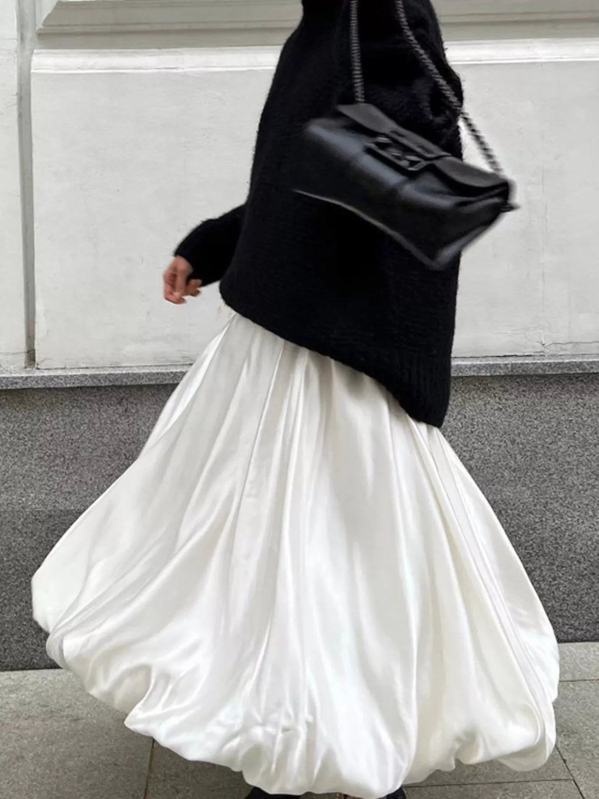 Plush Fashion Hub flowy satin maxi skirt with a smooth, elegant drape and soft sheen, perfect for stylish, comfortable wear.