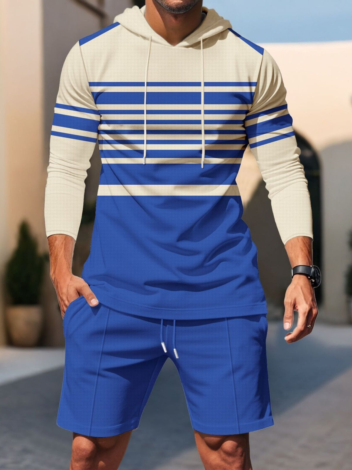Men's striped hoodie and shorts casual set in plus size by Plush Fashion Hub, featuring a comfortable, relaxed fit.