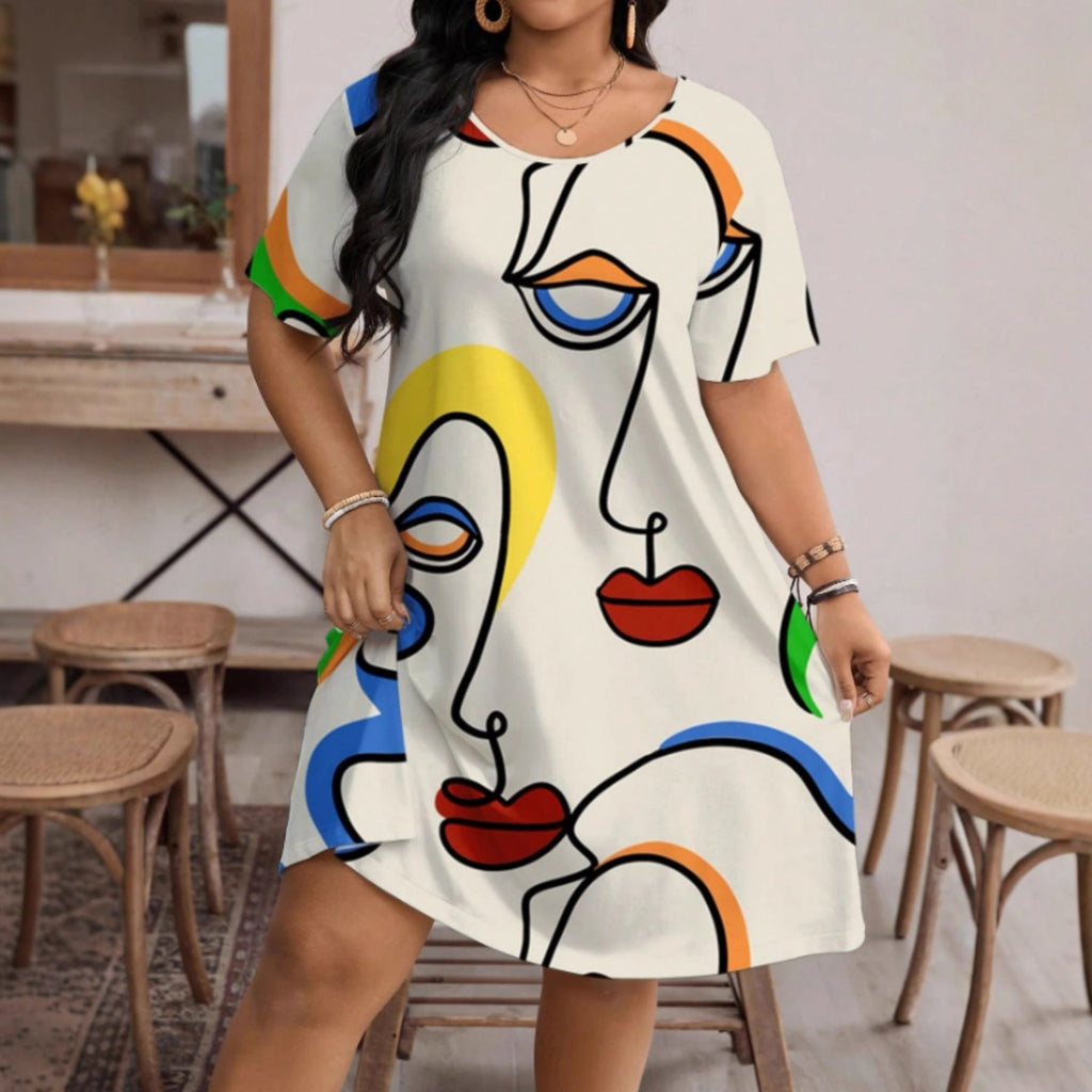 Women's casual printed round neck short sleeve dress by FitiqueFit, featuring a comfortable fit and stylish design.