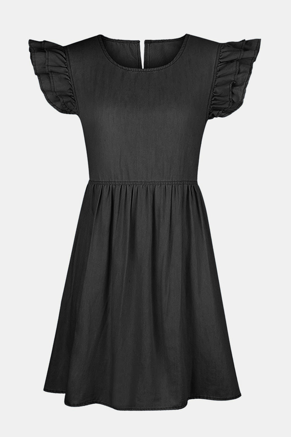 Full size ruffled round neck cap sleeve denim dress by Plush Fashion Hub, showcasing its stylish ruffled neckline and casual denim fabric.