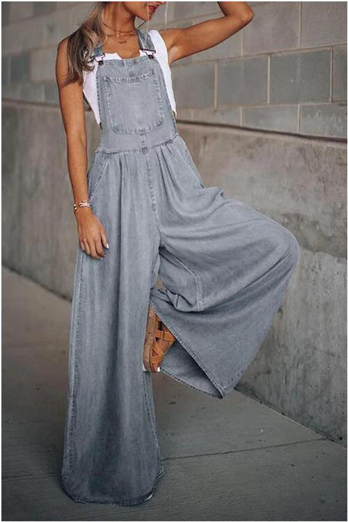 Women’s wide leg denim overalls by FitiqueFit, casualwear with adjustable straps and front pockets, styled for a relaxed look.