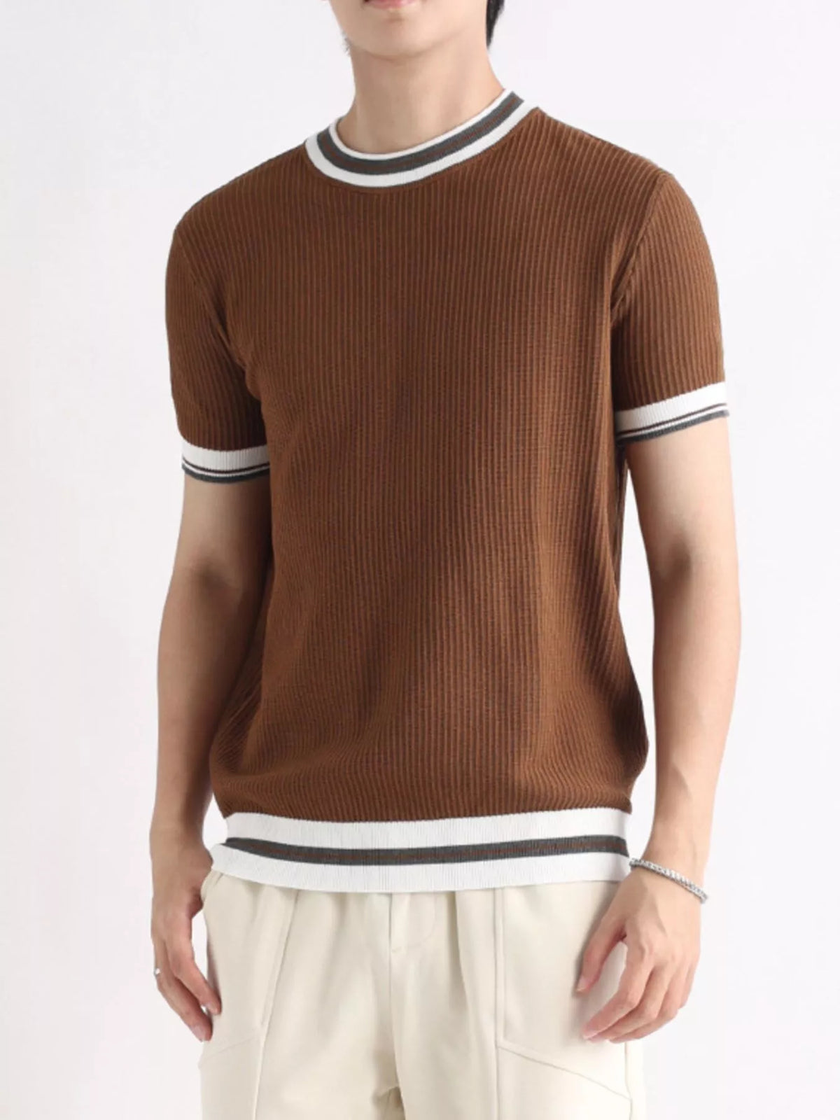 Plus size men's short sleeve T-shirt by Plush Fashion Hub with contrast trim, featuring a casual, comfortable fit and stylish design.