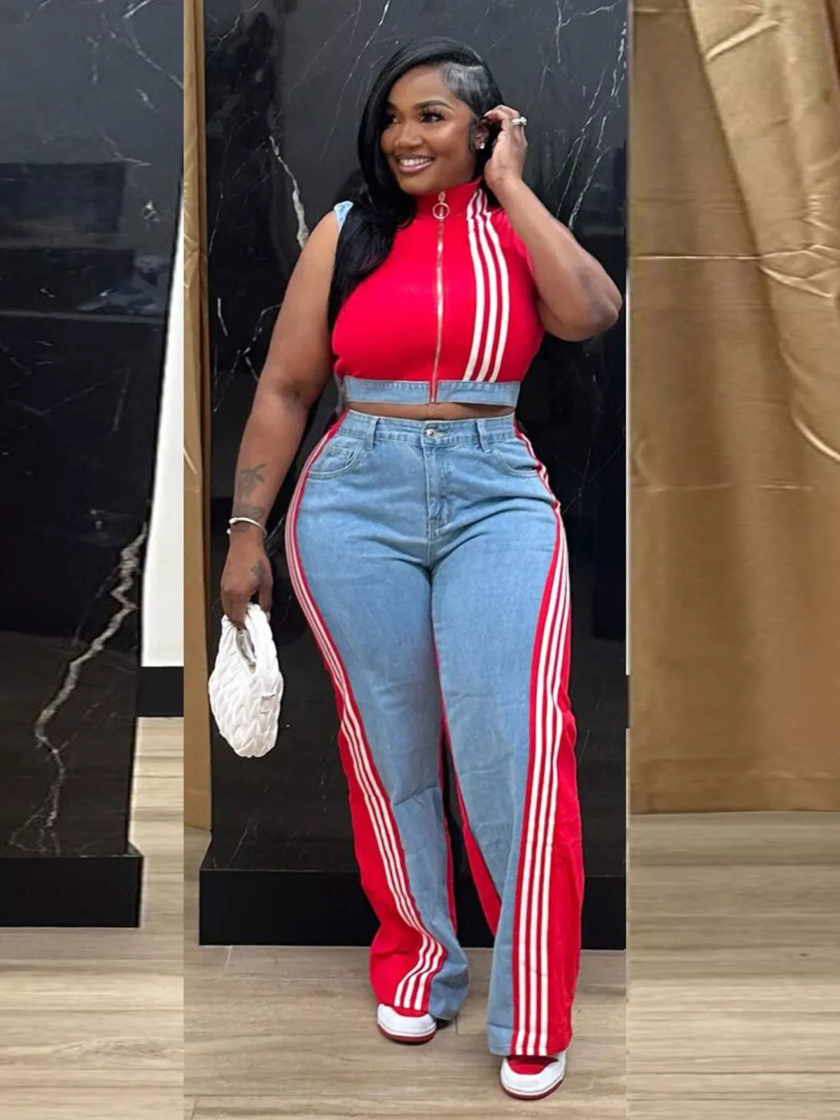 Zip front crop top and striped pants set by Plush Fashion Hub, stylish two-piece outfit with a modern, casual look.