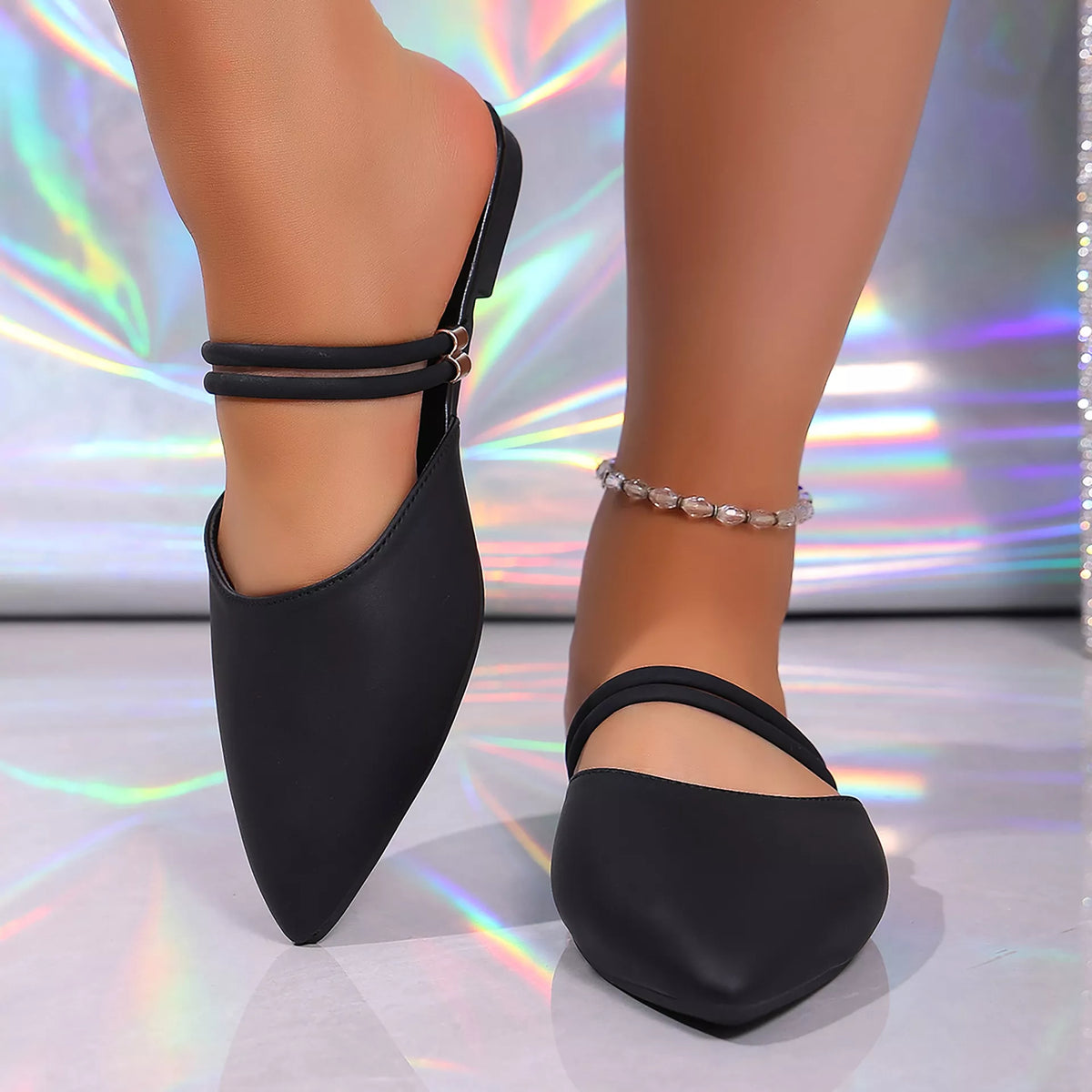 Plush Fashion Hub point toe flat sandals with plush material, stylish and comfortable for casual wear.