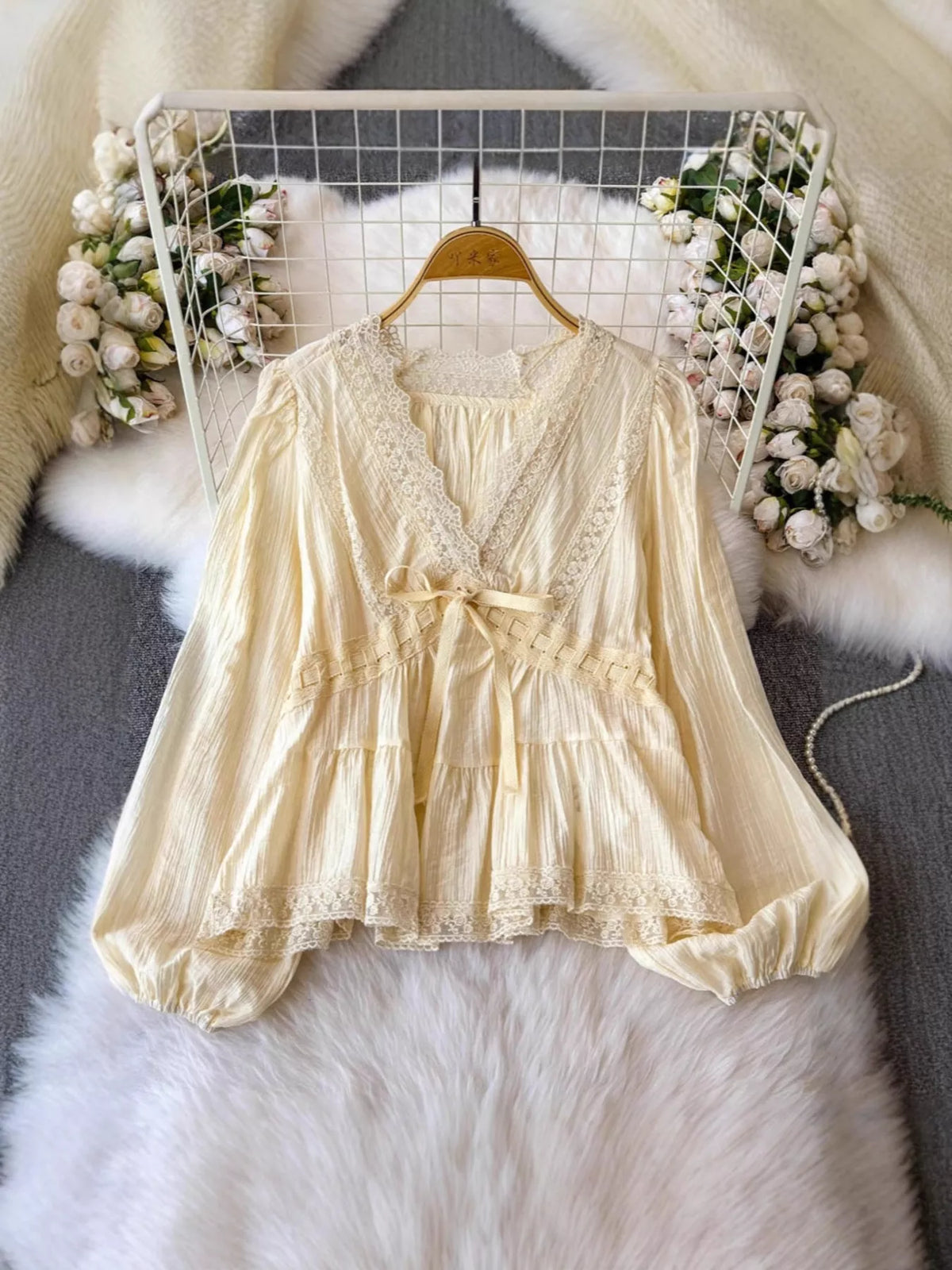 Lace detail v-neck blouse dress by Plush Fashion Hub, featuring elegant lace accents and a flattering v-neckline.