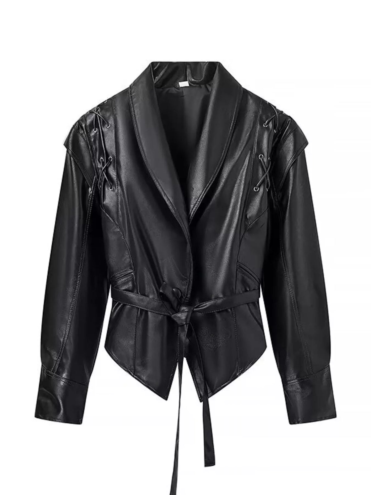 Women's leather belted jacket with shawl collar, stylish and fitted, featuring a sleek design from Trendsi.
