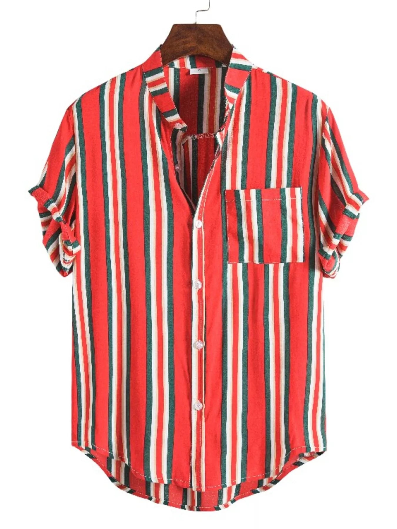 Men's plus size striped button-up short sleeve shirt by Trendsi, featuring a casual design and classic collar detail.