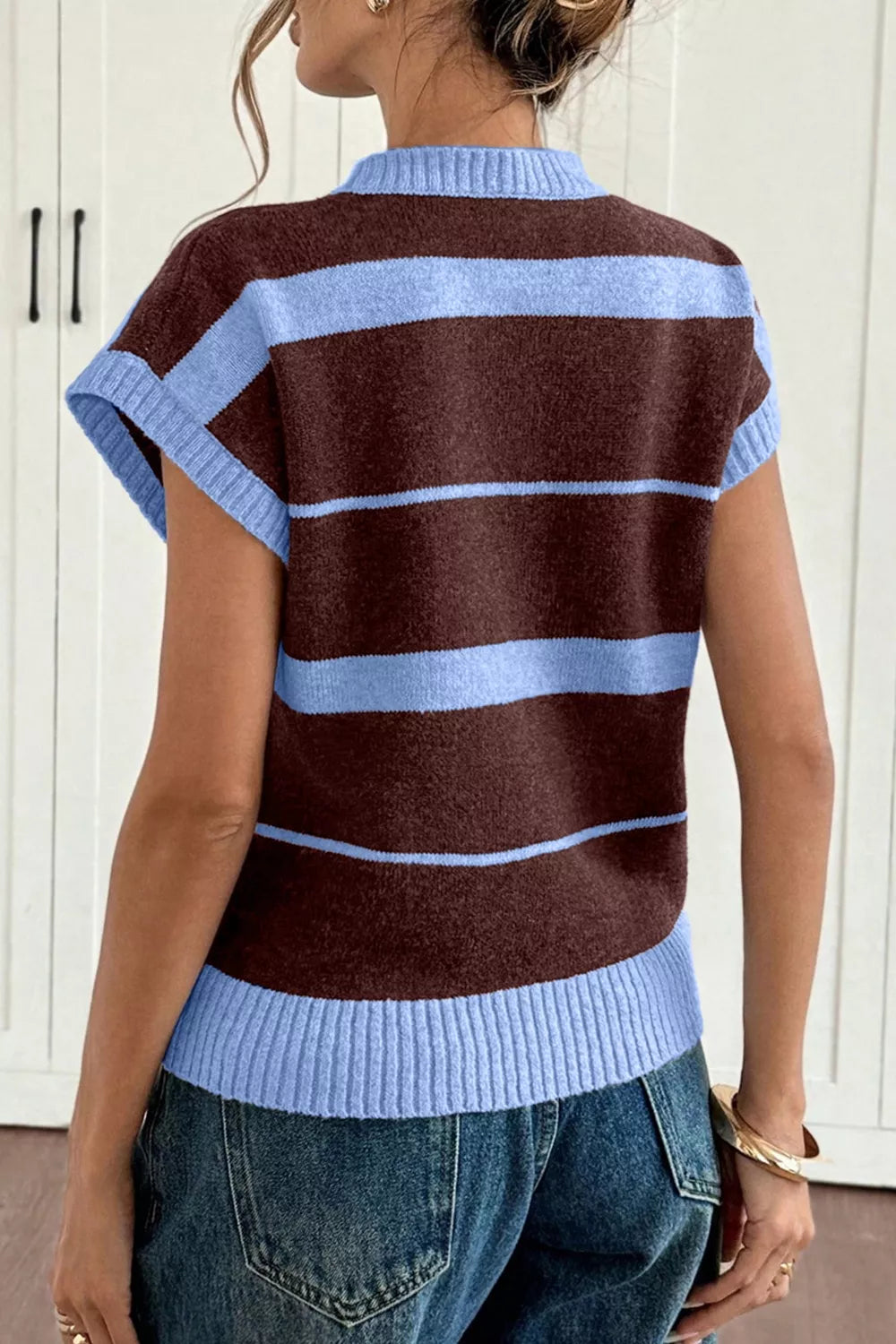 Striped short sleeve round neck casual knit top by Plush Fashion Hub featuring a comfortable fit and stylish design.